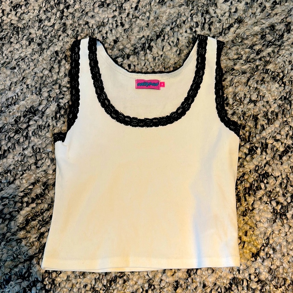 EDIKTED White Tank Top with Black Lace Trim / womens / size M